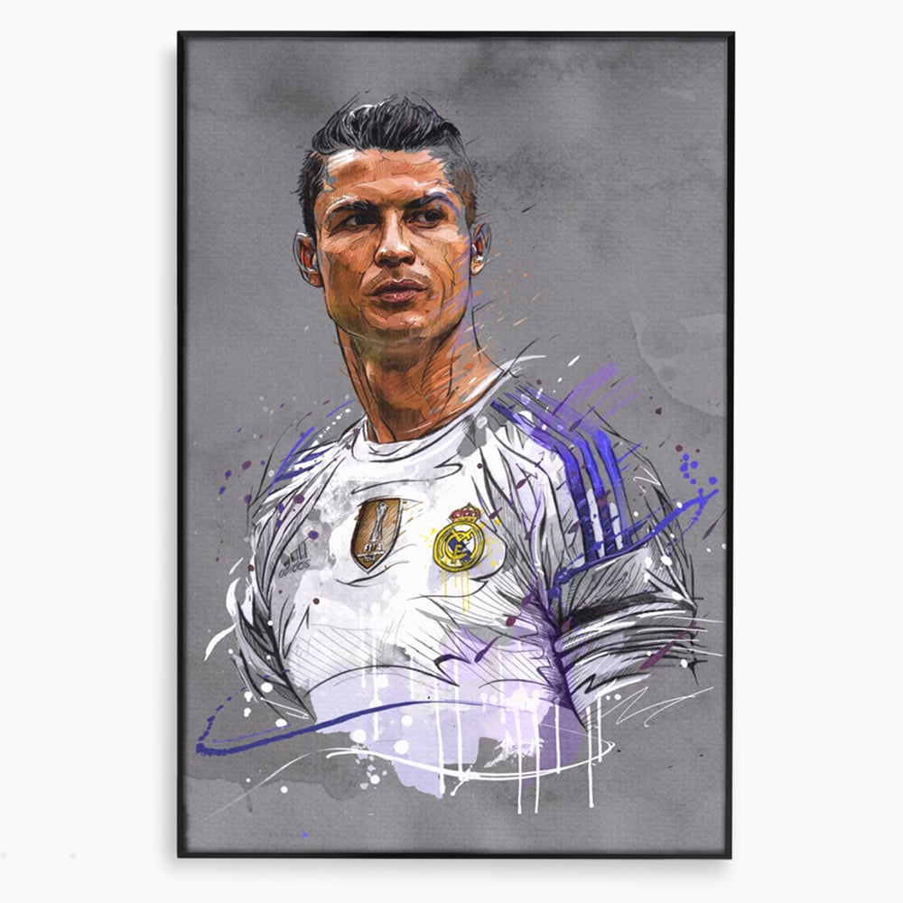 Tablou canvas cu tablou canvas cu cristiano ronaldo in tricoul real madrid, in rama de aluminiu negru